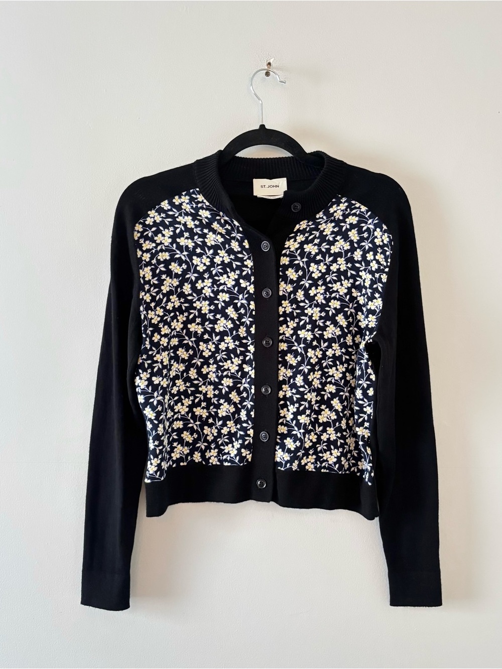 St. John Wool Silk Cardigan Sweater Floral Button-Up Lightweight Boxy Knit Black